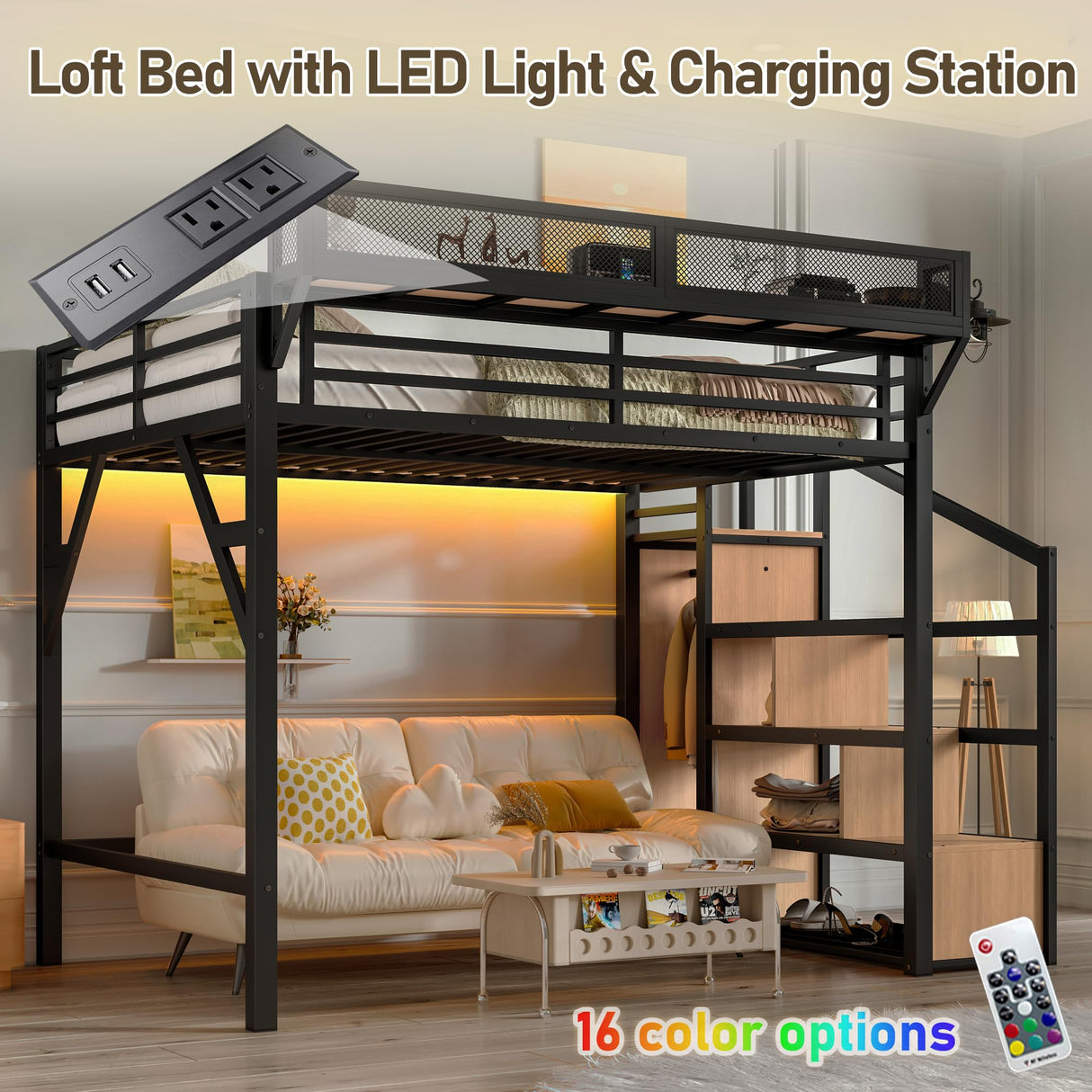 Bellemave Loft Bed Full Size with Storage Stairs, Beside Shelf & Wardrobe, Metal Full Size Loft Bed with USB Ports & LED Light, Large Under-Bed Space Loft Beds for Adults, Teens, Kids, Black Natural Bellemave