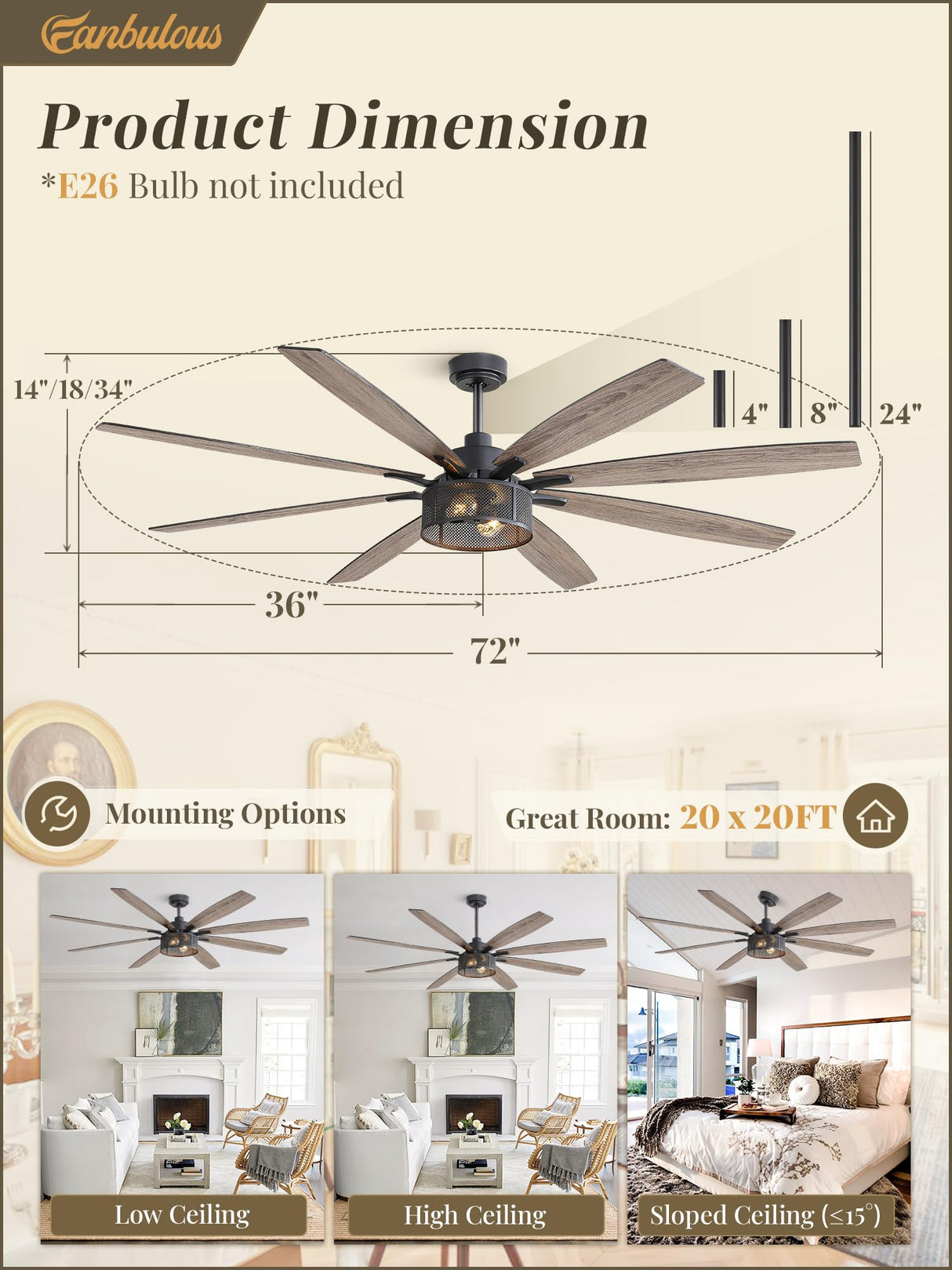 Farmhouse Ceiling Fans with Lights and Remote, 72 Inch Grey Industrial Caged Ceiling Fans for Bedroom Living Room Kitchen, 6 Speed Reversible Quiet DC Motor, Dual Finish 8 Blades Fanbulous