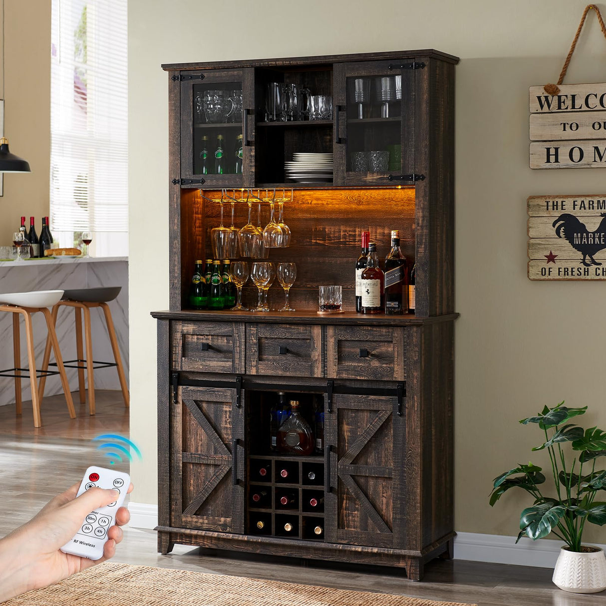 AMERLIFE Coffee Bar Cabinet with Sliding Barn Door, 72'' Farmhouse Kitchen Sideboard, Buffet Storage Table, Wine Glass Racks, 3 Drawers, LED Lights, Tall Hutch Home Bar Dark Rustic Oak AMERLIFE