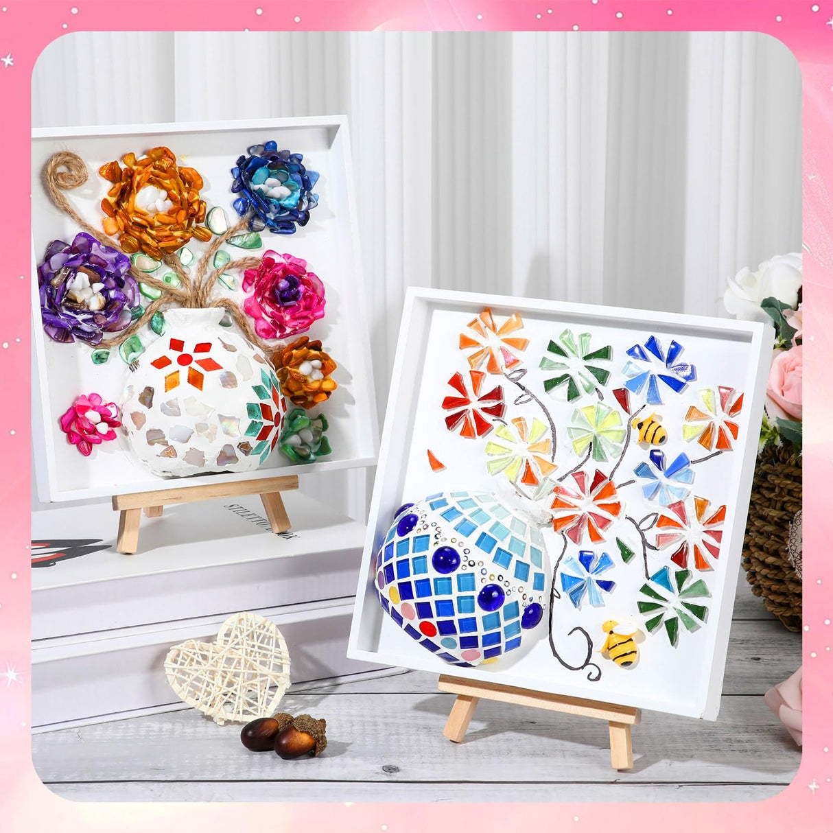 Fuyoooo 2 Sets DIY Vase Mosaic Painting Kit DIY Mosaic Arts and Craft Kits Mosaic Tiles DIY Crafts with Vase Flower Mosaic Accessories Creativity Handmade Artwork for Adults Home Decoration Fuyoooo