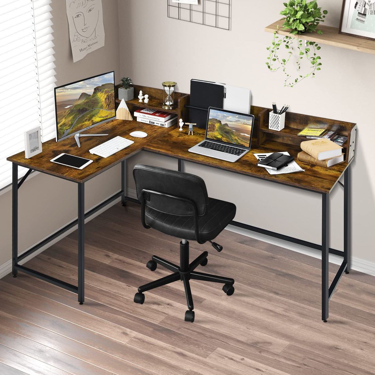 COSTWAY L-shaped Computer Desk with Hutch, Space-saving Corner Computer Desk with File Rack & 2 Shelves, 66.5” Industrial Table with Heavy-duty Steel Frame, for Home Office Study Room (Rustic Brown) COSTWAY