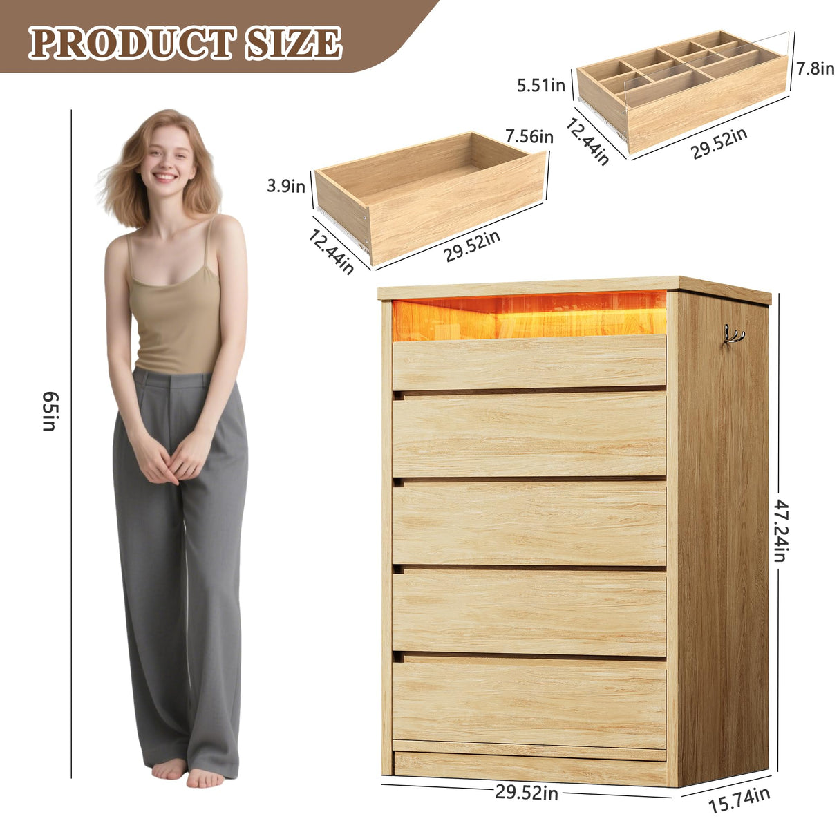 Jocoevol Larger Oak 5 Drawer Dresser for Bedroom with LED Light, Modern Chest of Drawers with Hidden Handles, Tall Wooden Dresser Closet for Living Room, Entryway, Hallway - Oak Jocoevol