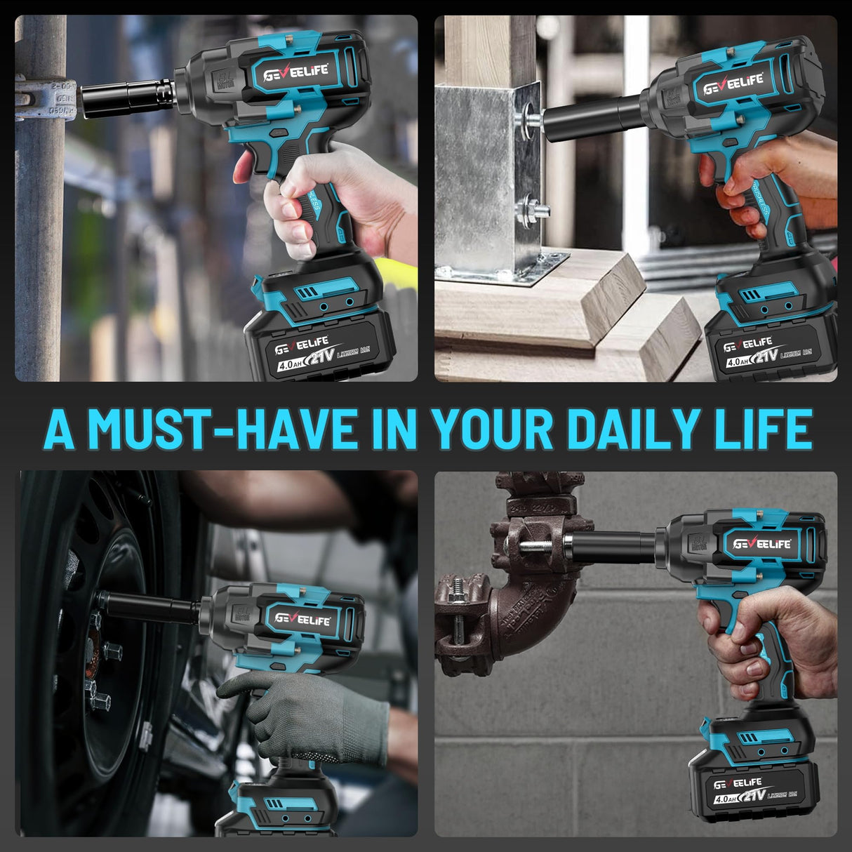 GEVEELIFE 1200N.m (900Ft-lbs) Brushless Impact Wrench, 1/2" Cordless Impact Driver with 2x 4.0Ah Battery, Fast Charger & 5 Sockets, High Torque, Electric Impact Gun for Car/Truck/RV/Mower GEVEELIFE