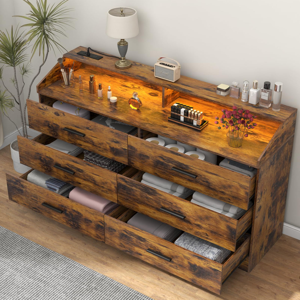 Gyfimoie 6 Drawer Dresser with Power Outlet, Chest of Drawers with LED Light, Modern Dresser with Open Storage Cubby, Double Wide Dresser Organizer for Bedroom, Living Room, Entryway, Hallway Gyfimoie