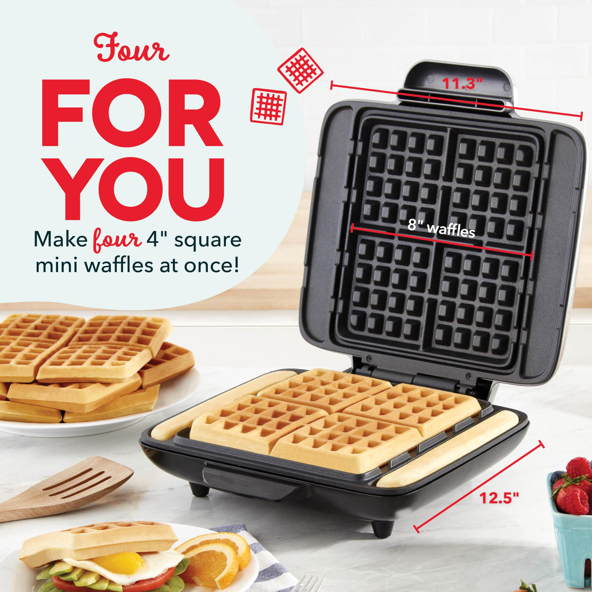 DASH No-Drip Waffle Maker - Four Waffle Molds, Nonstick Waffle Iron with Quick Heat-Up, Nonstick Surface - Perfect Waffle Maker for Kids and Families, Just Add Batter DASH