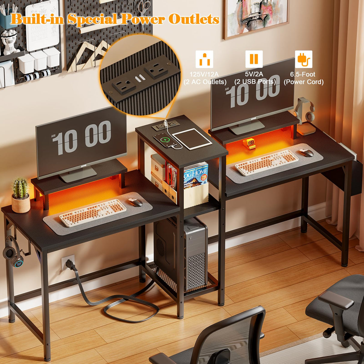 Furologee 2 Person Gaming Desk with LED Lights, 71 Inch Computer Desk with Power Outlets and Monitor Stand, Double Desk with Storage Bag and Headphone Hooks, Study Writing Table for Home Office, Black Furologee