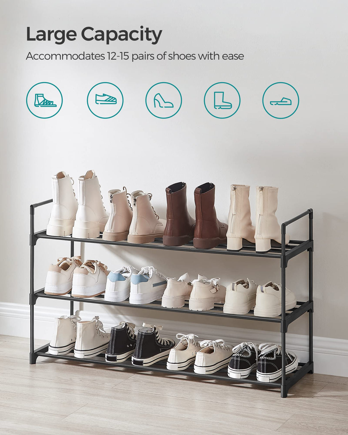 SONGMICS Shoe Rack, 3-Tier Shoe Storage Organizer, Metal Shoe Shelf, 12 to 15 Pairs Shoes, Stackable Shoe Tower for Living Room, Entryway, Hallway, Closet, Black ULSA13BK SONGMICS