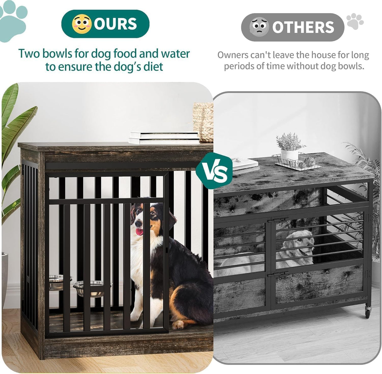 YITAHOME 55 Inch Large Dog Crate Furniture, Heavy Duty Wooden Dog Crate TV Stand with 2 Dog Bowls, Metal Dog Kennel Indoor Furniture Sliding Barn Door Design for Extra Large Dogs, Black Oak YITAHOME