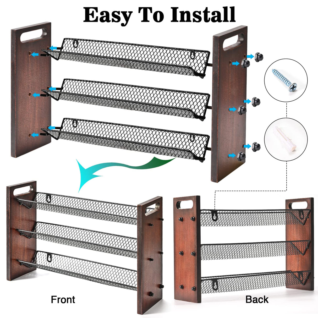 Roykoota Spice Rack, Spice Rack Organizer without Seasoning Jars, Wooden Spice Organizer, Rustic 3 Tier Kitchen Spice Rack Shelf for Cabinet, Countertop or Wall Mount Roykoota