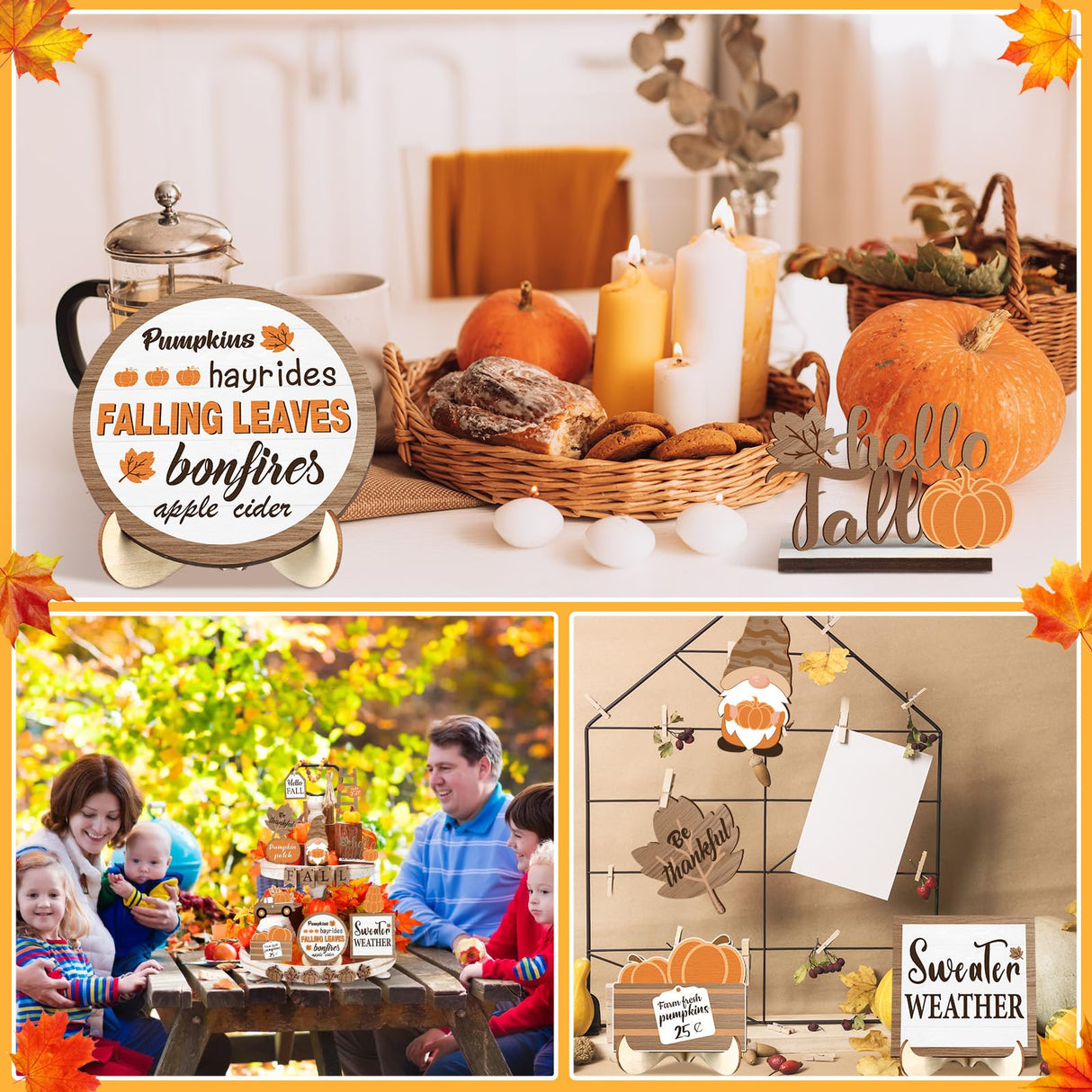 Maitys 21 Pcs Fall Thanksgiving Tiered Tray Decor Set Fall Pumpkin Gnome Truck Wood Sign Rustic Farmhouse Decor Hello Fall Wood Bead Decorative Tabletop Sign for Autumn Thanksgiving Day(Rustic) Maitys