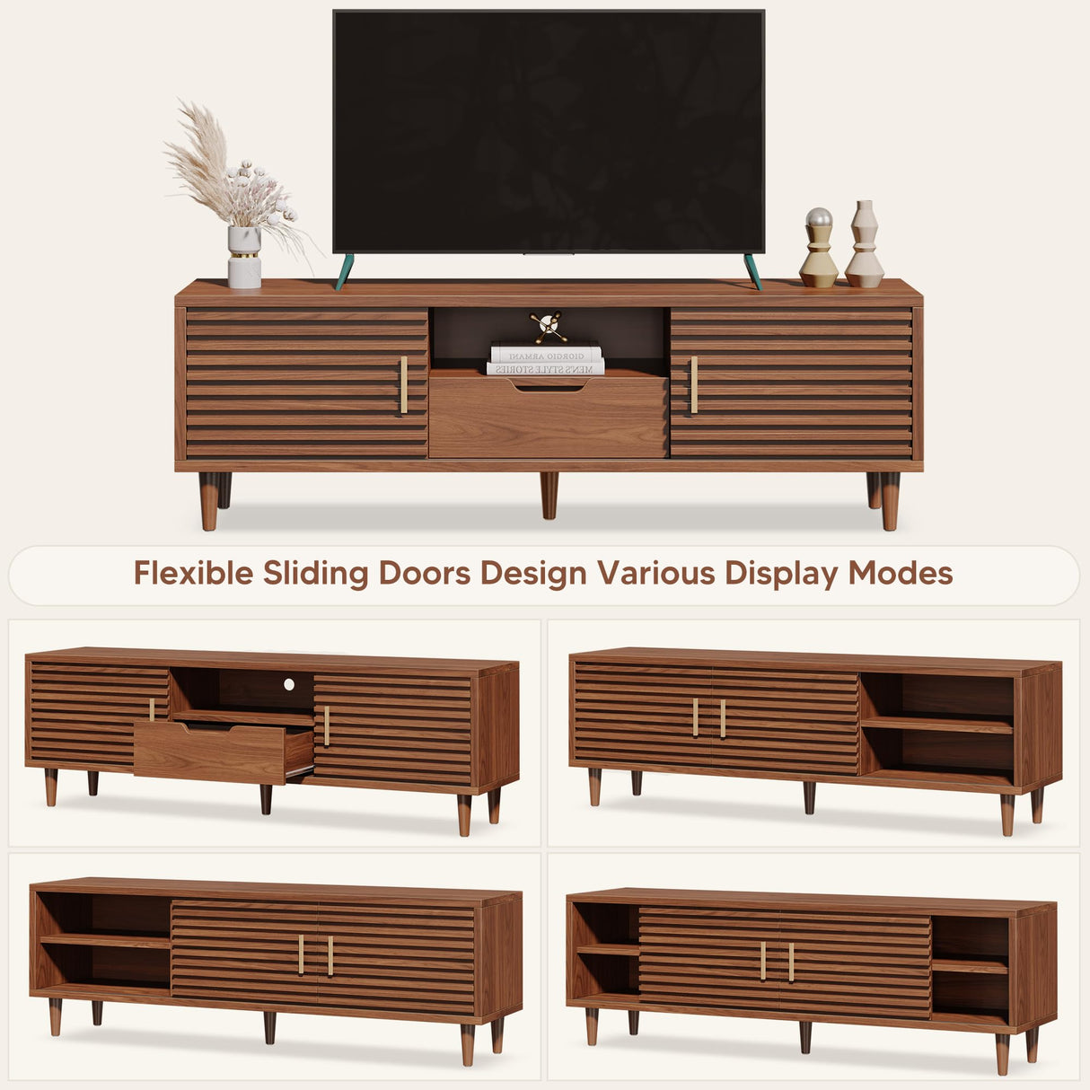 Syvella Mid Century Modern TV Stand for 55/60/65 inch TV, Farmhouse TV Stand, Fluted Entertainment Center with Storage, TV and Media Consol for Living Room (Dark Brown, 59") Syvella