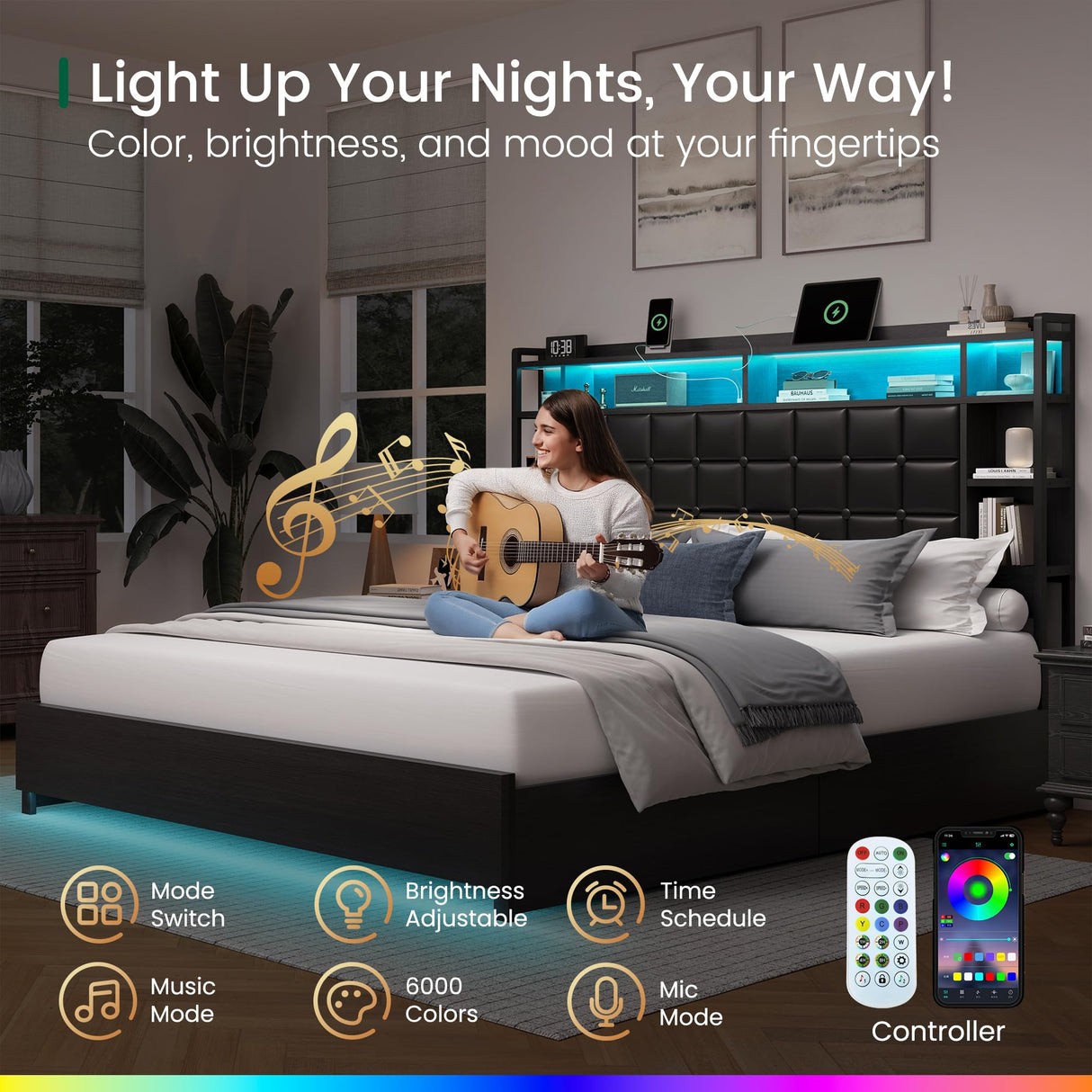 LARMACE King Size Bed Frame with 4 Storage Drawers and Bookcase Headboard, Faux Leather Upholstered, Wooden Platform Bed Frame with Charging Station and LED Lights, No Box Spring Needed, Black LARMACE