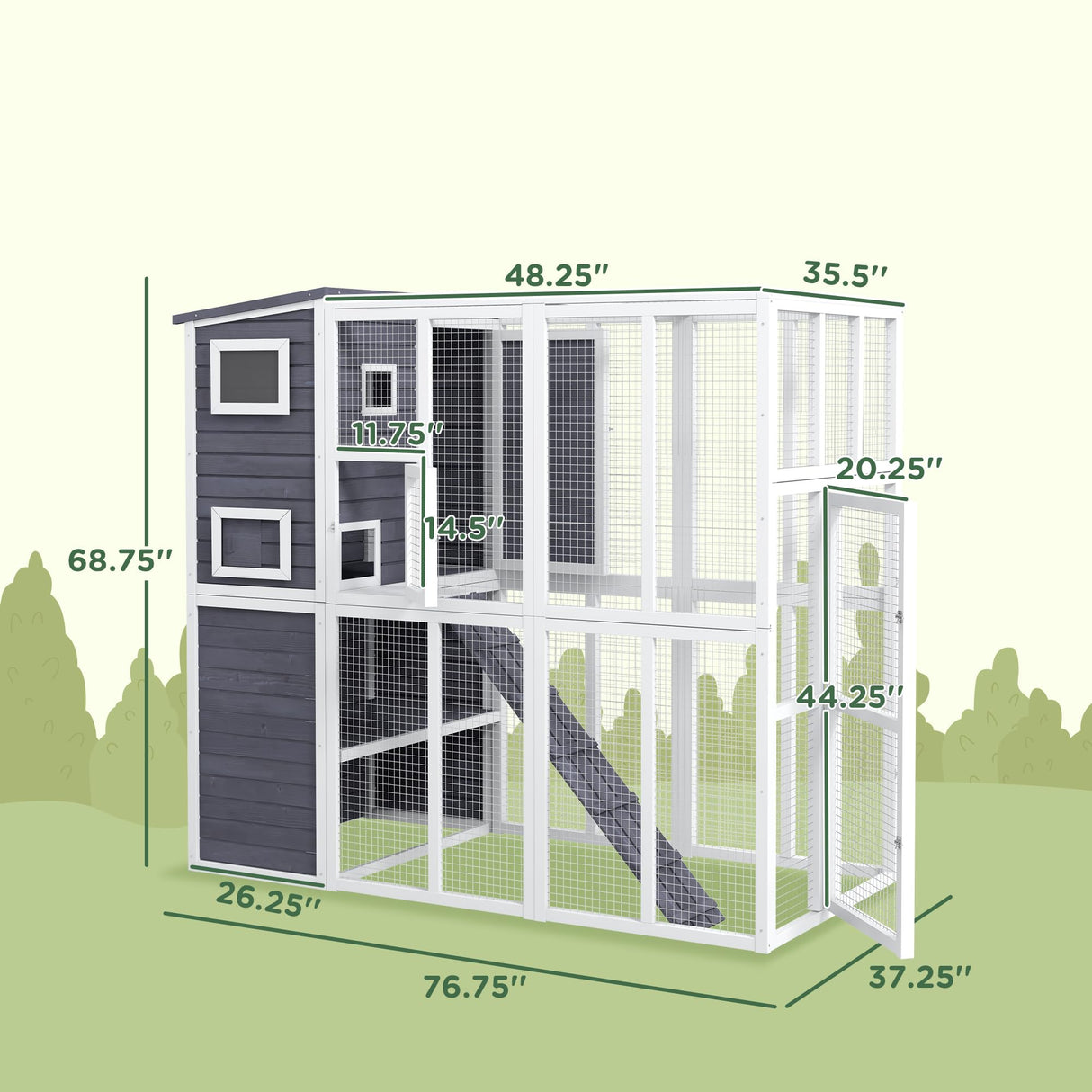 PawHut Outdoor Catio, Cat House Wooden Feral Cat Shelter, Cat Cage with Platforms, Waterproof Asphalt Roof, Ramps, 77" L, Light Gray PawHut
