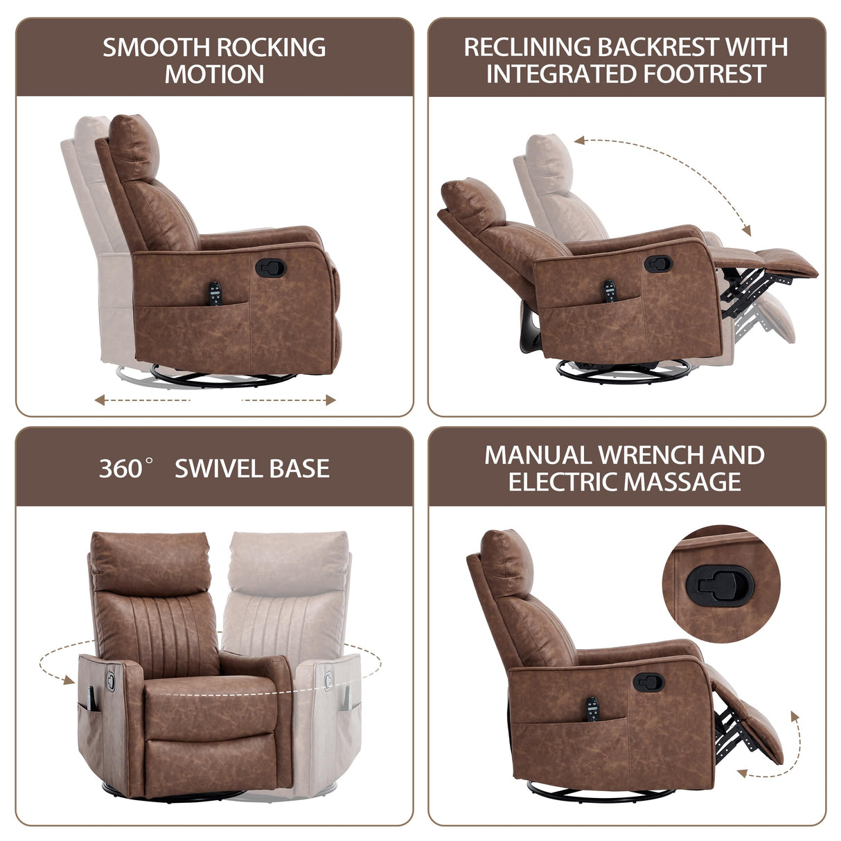 PELUMY Recliner Chair Swivel Rocking with Heat Massage - 360° Manual Recliner, 8-Point Vibrating & Lumbar Heat, Easy Assembly Chair for Living Room (Breathable Leather, Brown) PELUMY