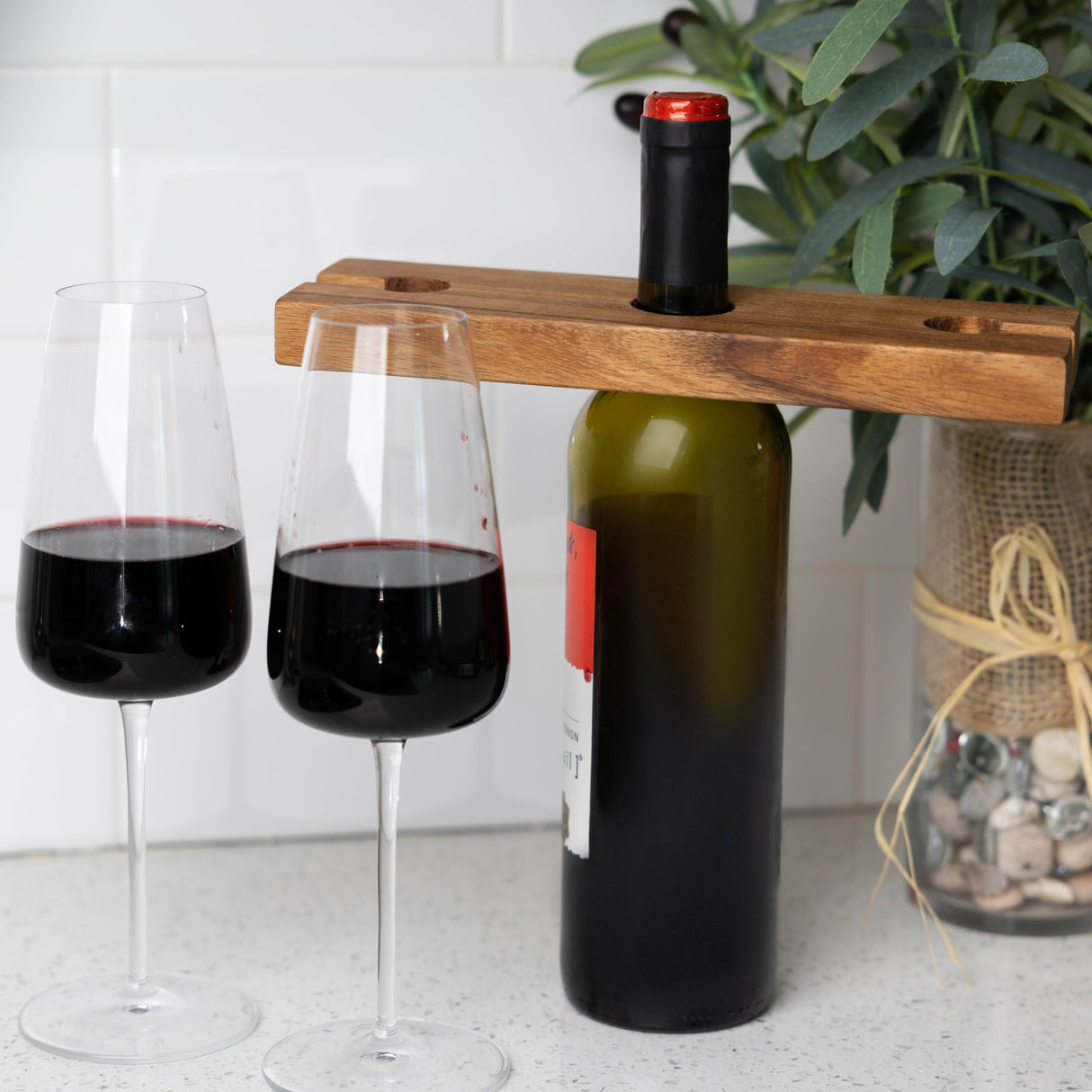 Ironwood Gourmet Acacia Wood Wine Glass Holder for Wine Bottles, Holds 2 Wine Glasses Ironwood Gourmet