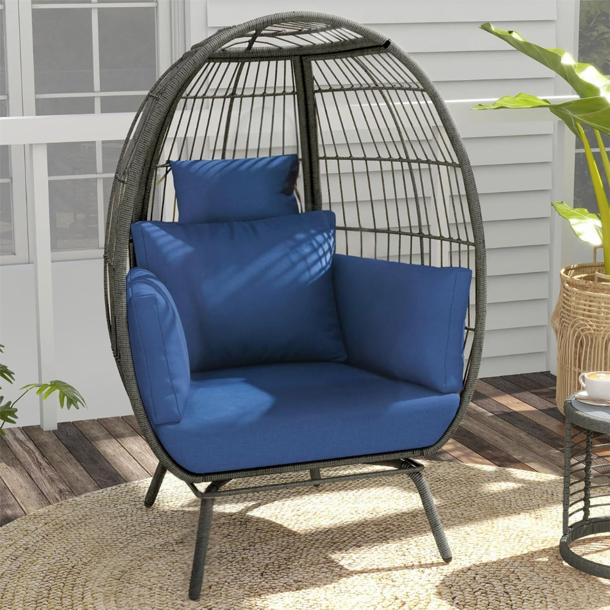 Wicker Egg Chair Outdoor - Patio Chair, Oversized Indoor Outdoor Lounger for Patio,Perfect for Backyard Lounger, & Balcony, Garden, Indoor, Steel Frame (Standing, Blue) Generic