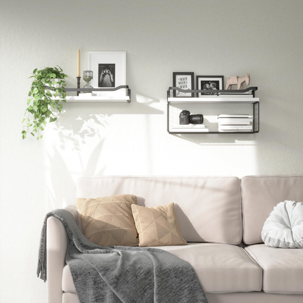 WOPITUES Floating Shelves with Wire Storage Basket, Bathroom Shelves Over Toilet with Protective Metal Guardrail, Wood Wall Shelves for Bathroom Organizers and Storage, Toilet Paper-White WOPITUES