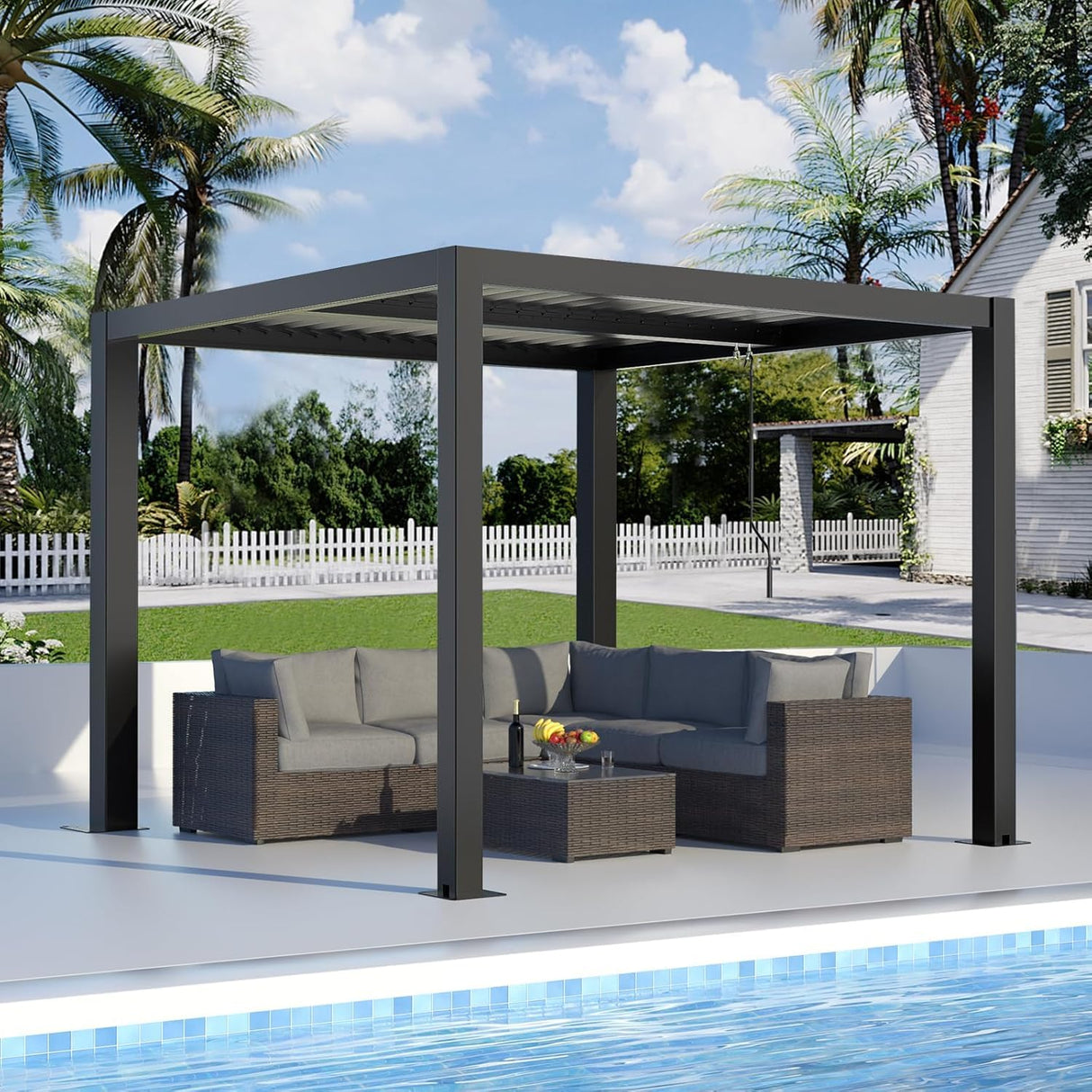 LVUYOYO Outdoor Louvered Pergola 10' x 10', Patio Aluminum Pergola with Adjustable Roof, Metal Gazebo for Backyard, Garden, Deck(Black) LVUYOYO