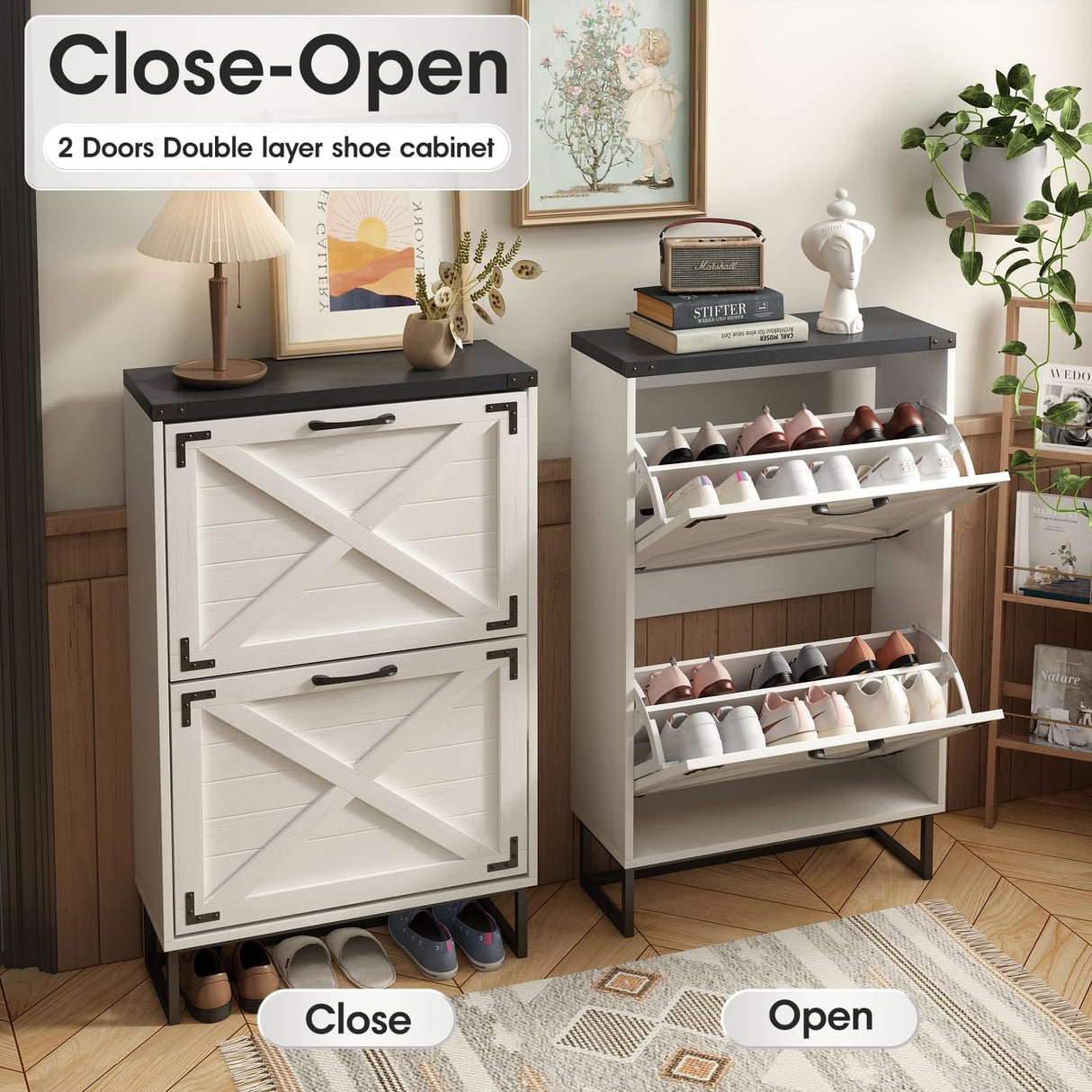 Maupvit 24" W Farmhouse Shoe Cabinet Storage for Entryway, Freestanding Organizer with 2 Flip Drawers, Narrow Shoe Rack Cabinet with Metal Corner Decoration, White Maupvit