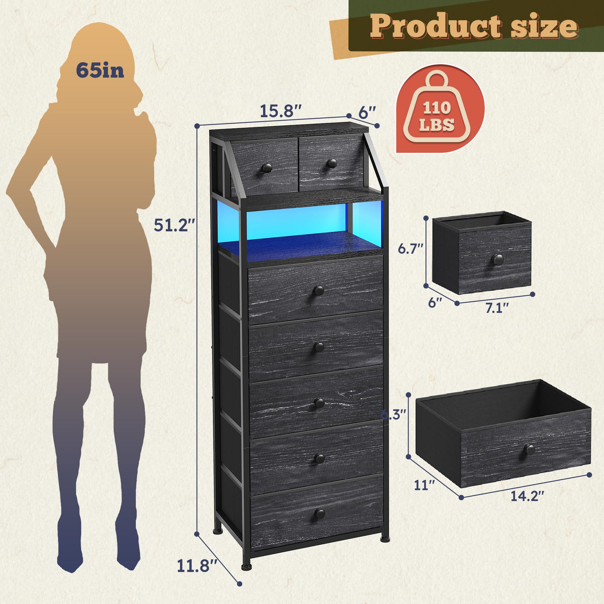 51.2" H Dresser for Bedroom with LED Lights, Night Stand with 7 Drawers, Dressers & Chests of Drawers with Open Wood Shelf, Metal Frame, Bedside Table with Fabric Storage Bins, Black EnHomee