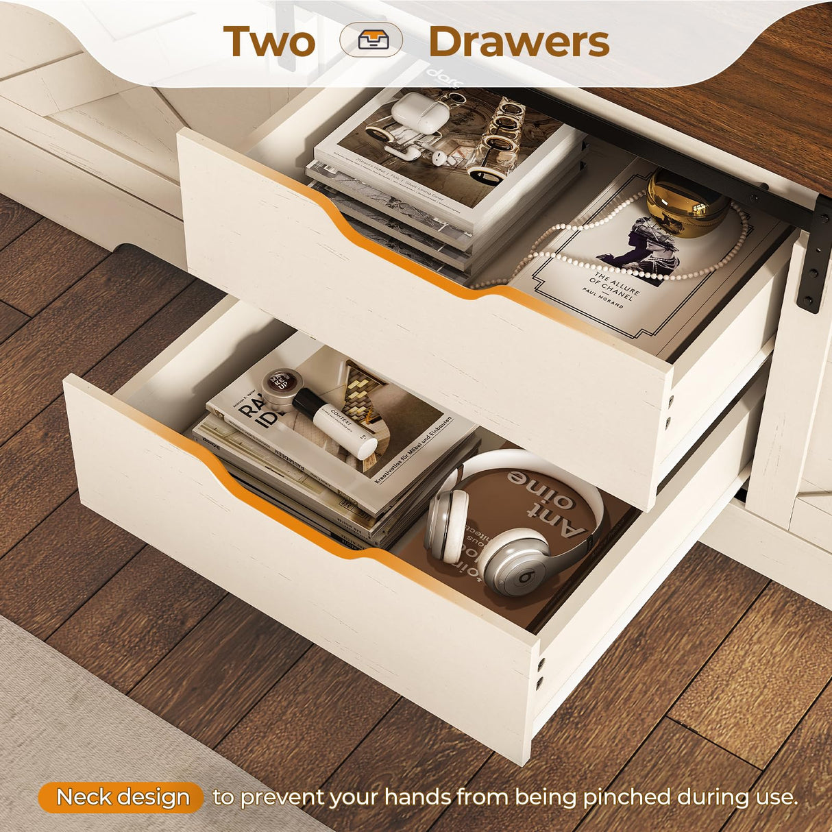 UPOSOJA Farmhouse Storage Bench with Cushion, Shoe Rack with Slide Barn Doors, Adjustable Shelf and 2 Drawer for Entry, Bedroom, Closet, Living Room, Hallway (White Brown, 59.8 in) UPOSOJA