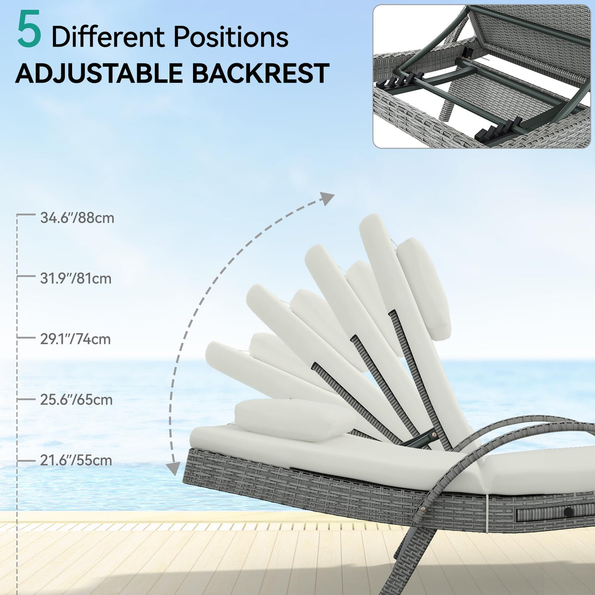 YITAHOME Patio Chaise Lounge Chair Set of 4, Wicker Chaise Lounge Outdoor Rattan Reclining Chair with Armrests/Pull-out Cup Holder/5-Position Backrest/Cushion & Headrest-Beige YITAHOME