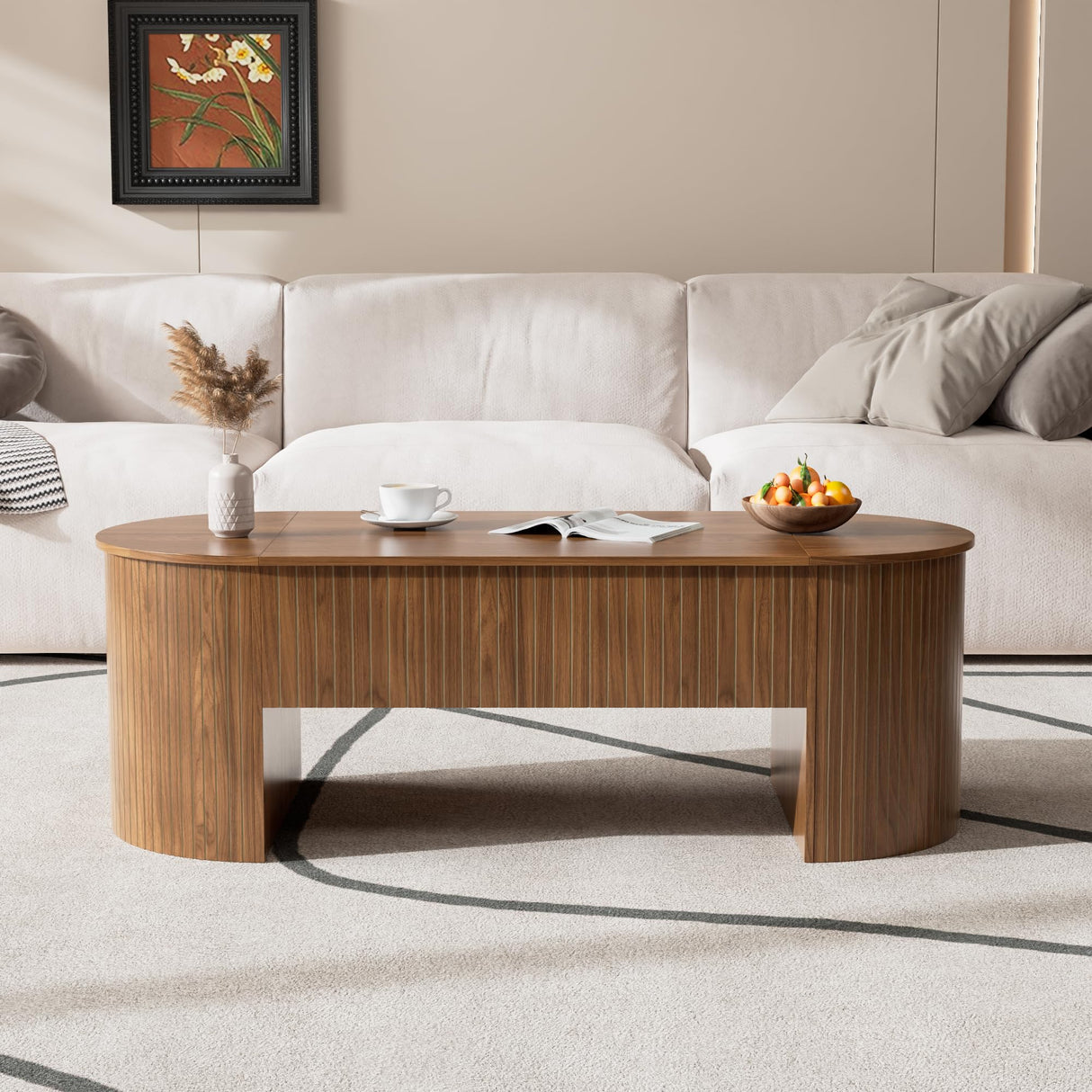 Oval Lift Top Coffee Table with Hidden Storage, Mid Century Modern Coffee Table with Lift Tabletop for Living Room, 47 Inch Large Wooden Center Table for Home Office (Walnut) Jimmhome