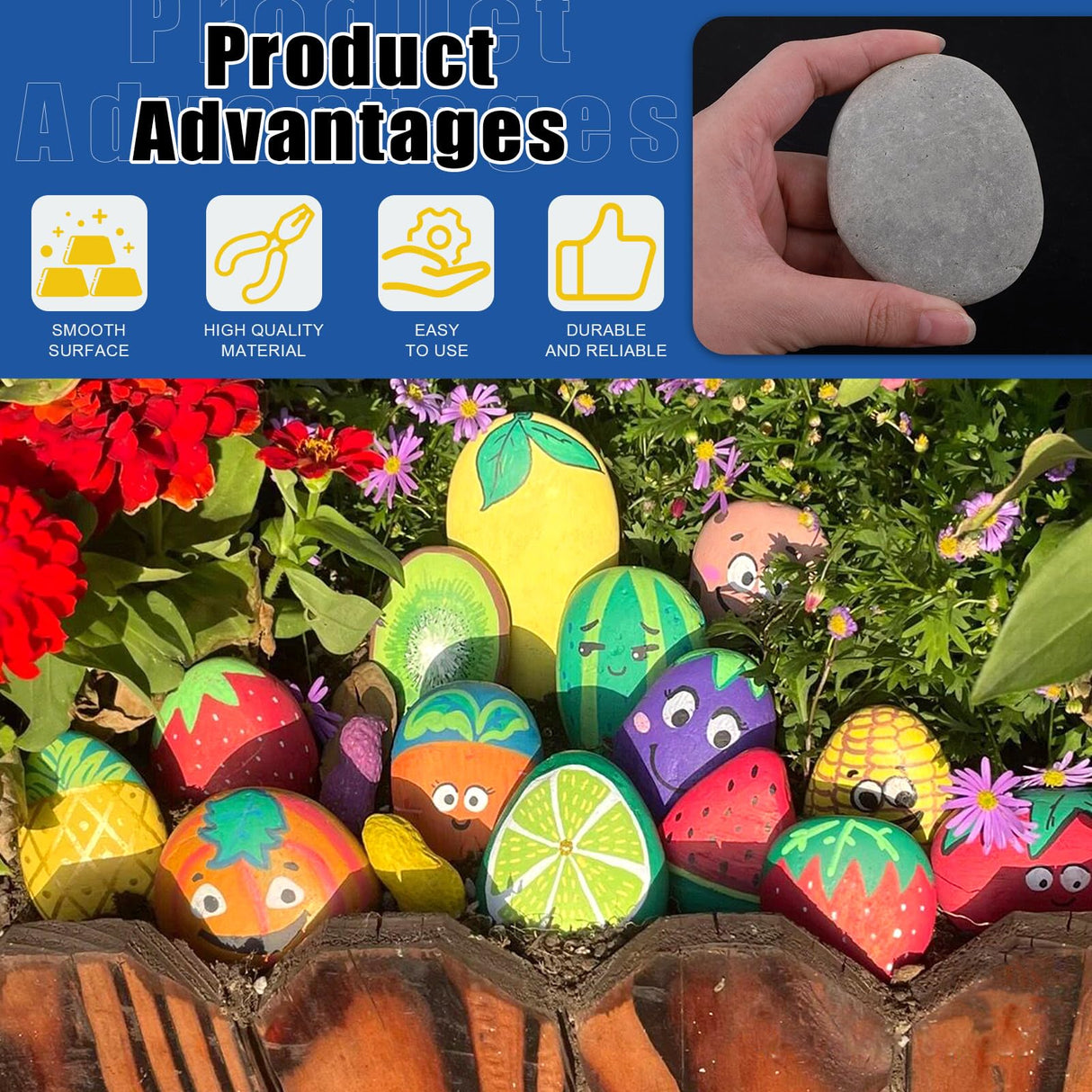 Glarks 34Pcs Rock Painting Kit, Including 15Pcs 2"-3" Flat Painting Stones River Rocks, 12 Colors Non-Toxic Washable Paint, 6Pcs Paint Brushes and 1Pc Palette for DIY Arts and Craft Activities Glarks