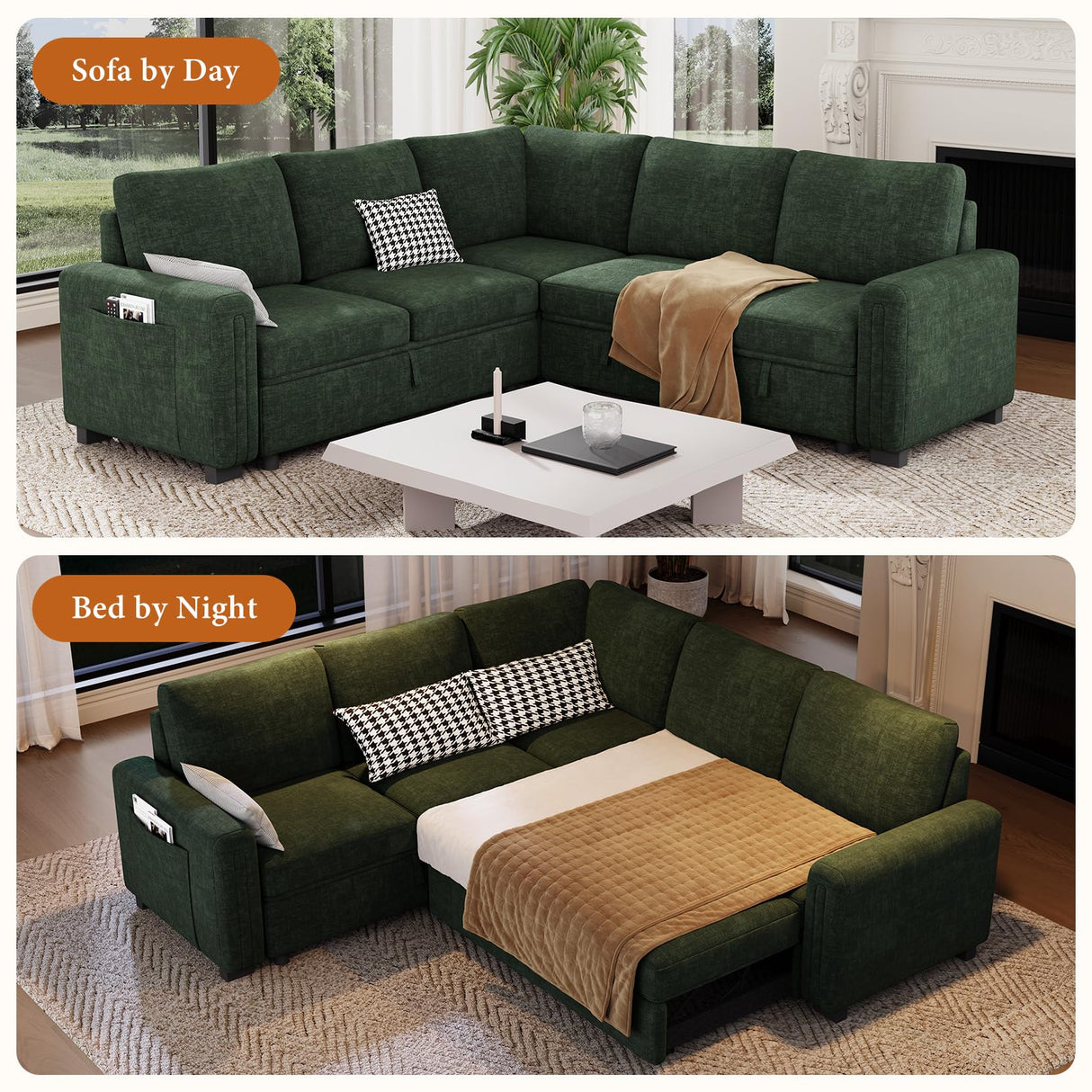 Vesgantti 88.4" Sectional Sleeper Sofa with Pull Out Bed, 5 Seater L Shaped Modular Sectional Couch with Storage, Comfy Chenille Modular Couch for Living Room, Bedroom, Apartment, Green Vesgantti