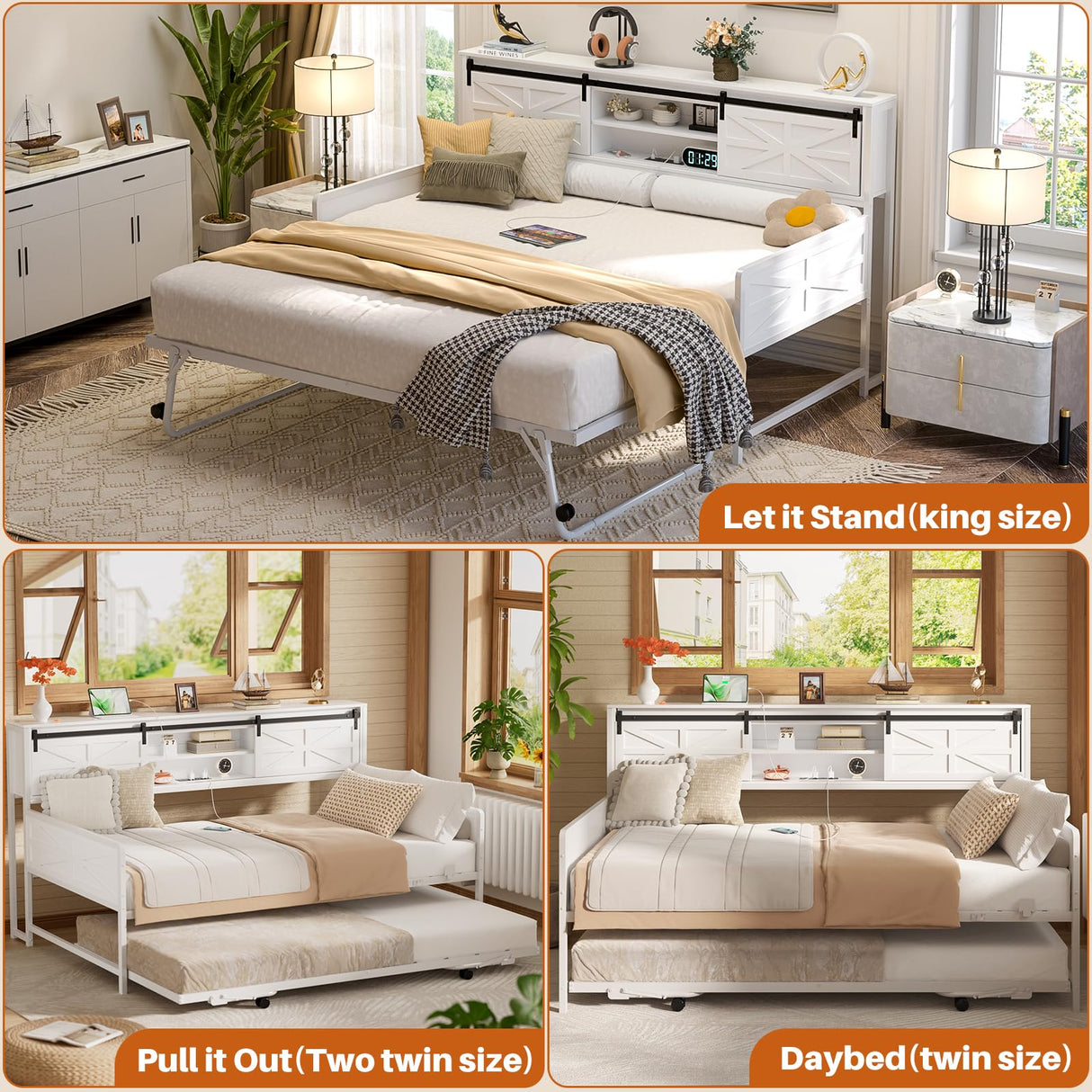 Homieasy Daybed with Trundle, Farmhouse Twin Day Bed with Bookcase Headboard and Charging Station, Heavy Duty Metal Sofa Bed Frame with Pop-up Trundle Bed for Living Room, Bedroom, White Homieasy