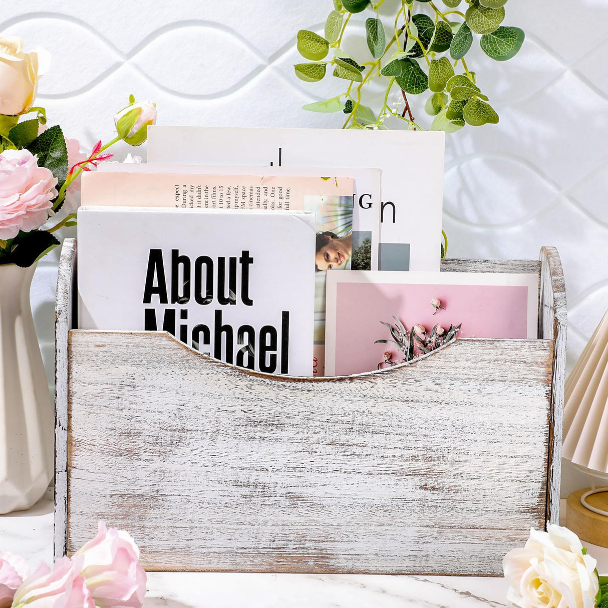 Suzile Wall Mounted File Holder Wood Magazine Holder Wall Hanging File Organizer for Office Mail Magazine Letter Paper Folder Organization(White) Suzile