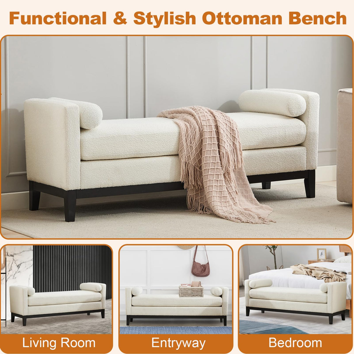 66.34 Inch End of Bed Bench, Upholstered Bedroom Ottoman Bench with Wood Legs, Elegant Ottoman with Bolster Pillows, Soft Fabric, for Living Room, Bedroom, End of Bed - Ivory WCFI