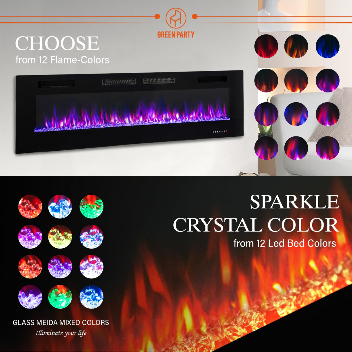 GREEN PARTY 72" Electric Fireplace Recessed/Wall Mounted Ultrathin 3.2" Fireplace Heater, Low Noise Linear Fireplace with Remote Control/Touch Screen, 8hrs Timer, Adjustable Flame & Bed Colors & Speed GREEN PARTY