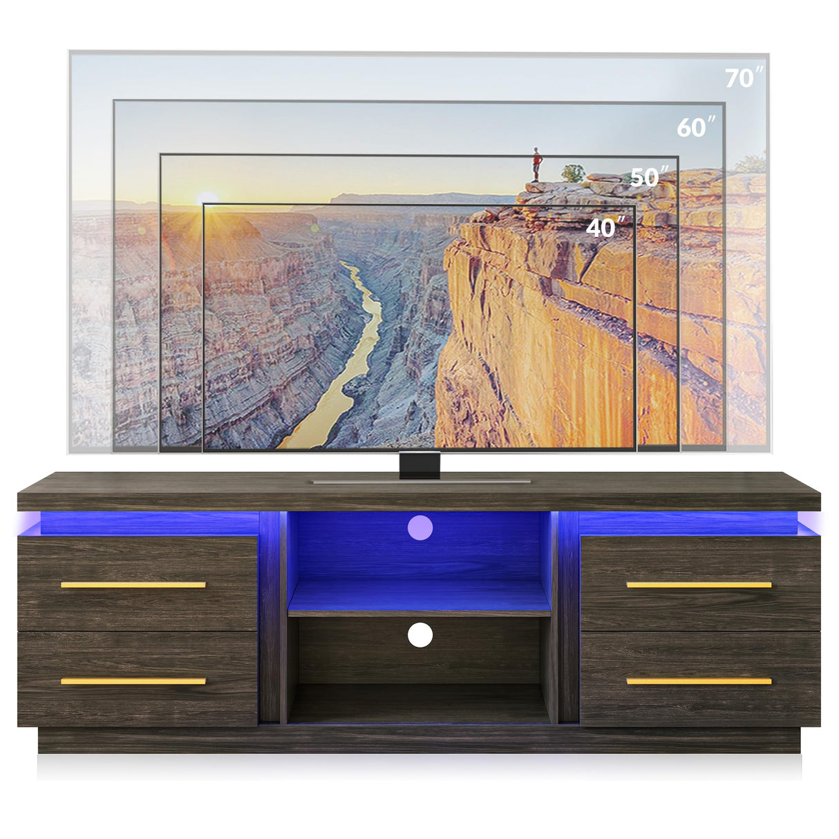 BELLEZE 66" TV Stand for TVs Up to 75", Entertainment Center with Music Sync LED Lights, Media Console Table Storage Cabinet with Open Shelves & Drawers for Living room, Bedroom - Hawthorn (Brown) BELLEZE