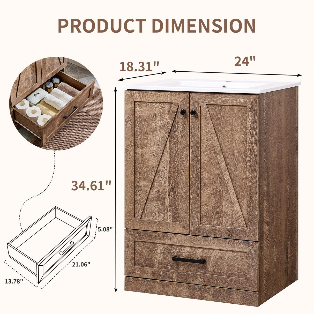 24" Farmhouse Bathroom Vanity with Sink, Bathroom Vanity Sink Cabinet with Large Storage Drawer, Modern Floor Standing Bathroom Vanity with Barn Door, Soft Closing & Metal Handle, Light Brown Aitjunz