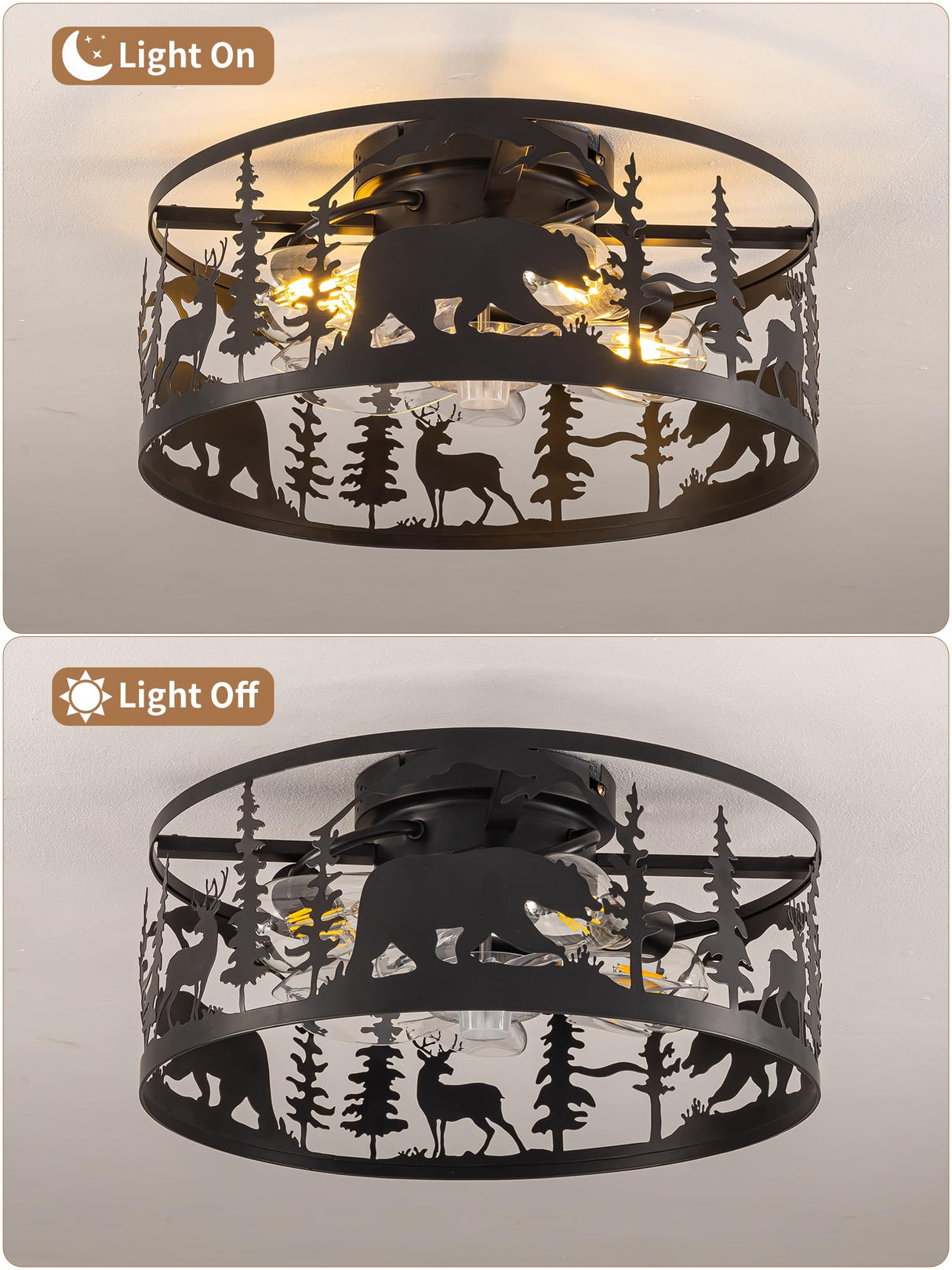 YEDAORL Farmhouse Caged Ceiling Fans with Lights and Remote Control,Rustic Black Chandelier Fan with Bear Deer Design,Flush Mount Low Profile Fandelier for Bedroom,Dining Living Room,Foyer YEDAORL
