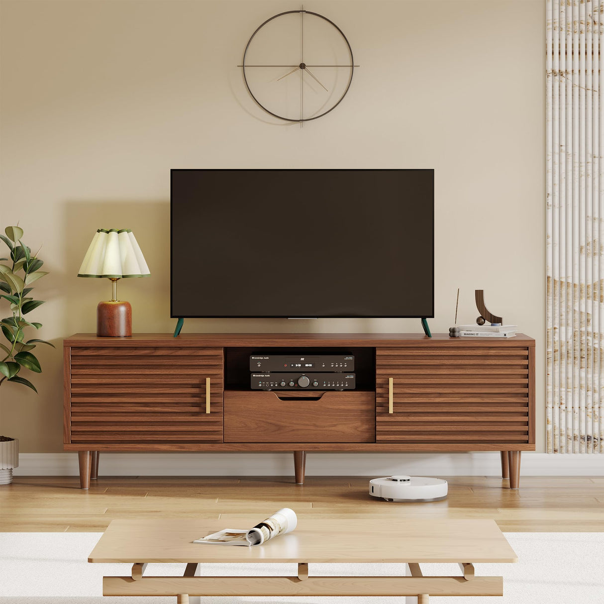 Syvella Mid Century Modern TV Stand for 55/60/65 inch TV, Farmhouse TV Stand, Fluted Entertainment Center with Storage, TV and Media Consol for Living Room (Dark Brown, 59") Syvella