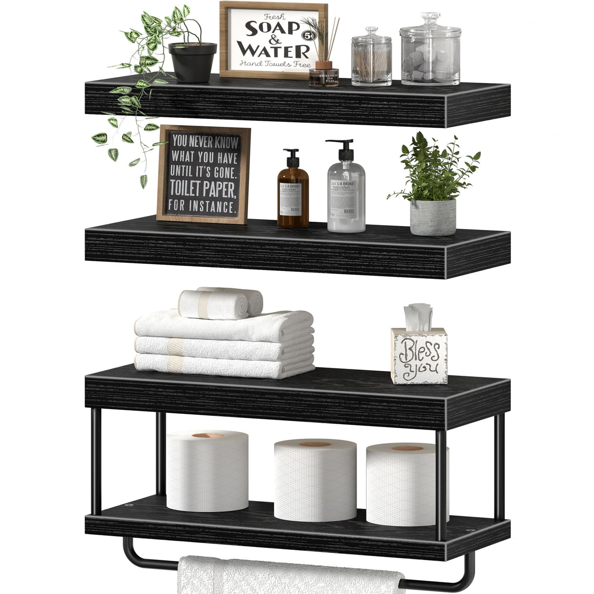 QEEIG Bathroom Floating Shelves Over Toilet - Wall Mounted Shelf Toilet Paper Storage Farmhouse 16 inch Set of 3, Black (027-40B3) QEEIG