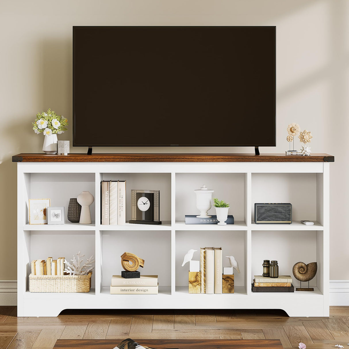 YITAHOME 8 Cube Storage Organizer Bookshelf, Horizontal Bookshelf Farmhouse Cubby Bookcase for Living Room, Bedroom, Home Office, White YITAHOME