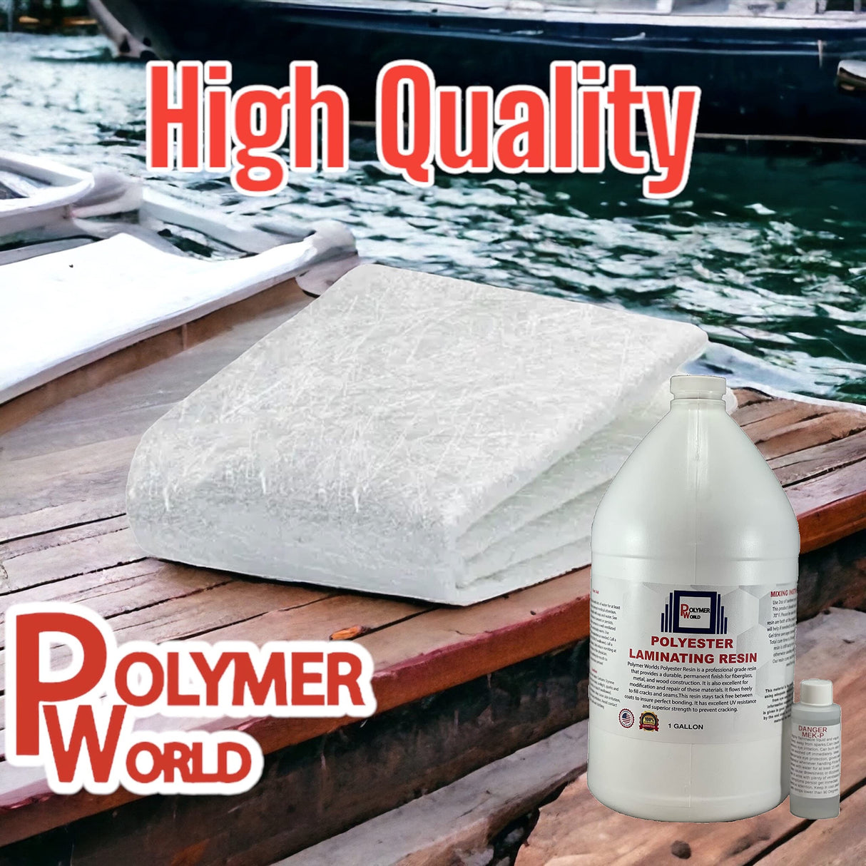 Polymer World- 1 Gal Polyester Resin with Rolled .75x50x5 Yard Chopped Strand Mat, Fiberglass Kit for Boats, Cars, Surfboard, RV, Canoes, Jetski, Watercraft, with MEKP Polymer World