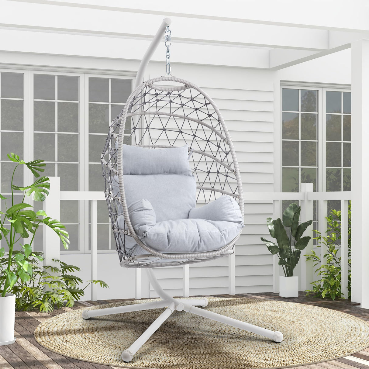 RoyalCraft Hanging Egg Chair Outdoor Swing Chair with Stand, Hammock Chair Indoor, Patio Boho Wicker Hanging Chair with Stand 350lbs Capacity for Garden, Balcony, Bedroom, Beige & Gray RoyalCraft