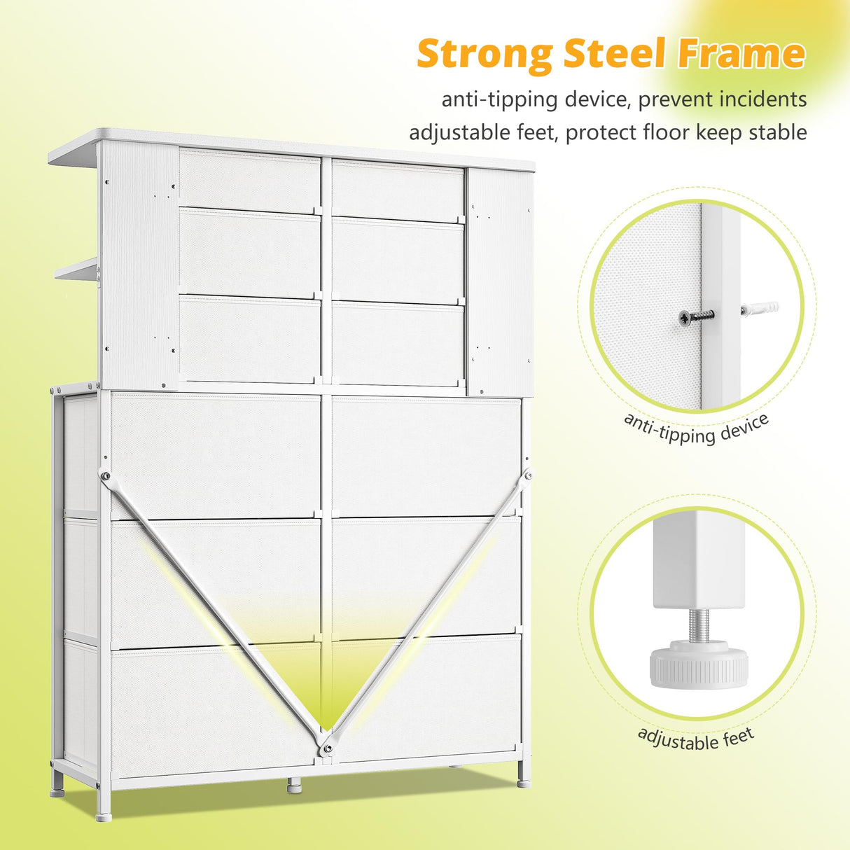 EnHomee Dresser for Bedroom with LED Lights, 12 Drawers Bedroom Dresser, Black Dresser and Tall Dresser with Open Shelves, Fabric Dressers & Chests of Drawers with Sturdy Metal Frame, White EnHomee