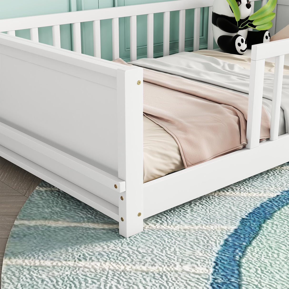 Montessori Floor Bed with Safety Guardrails - Twin Size Solid Pine Wood Frame for Kids - Perfect for Bedrooms and Playrooms (White) ROCKINGRUN