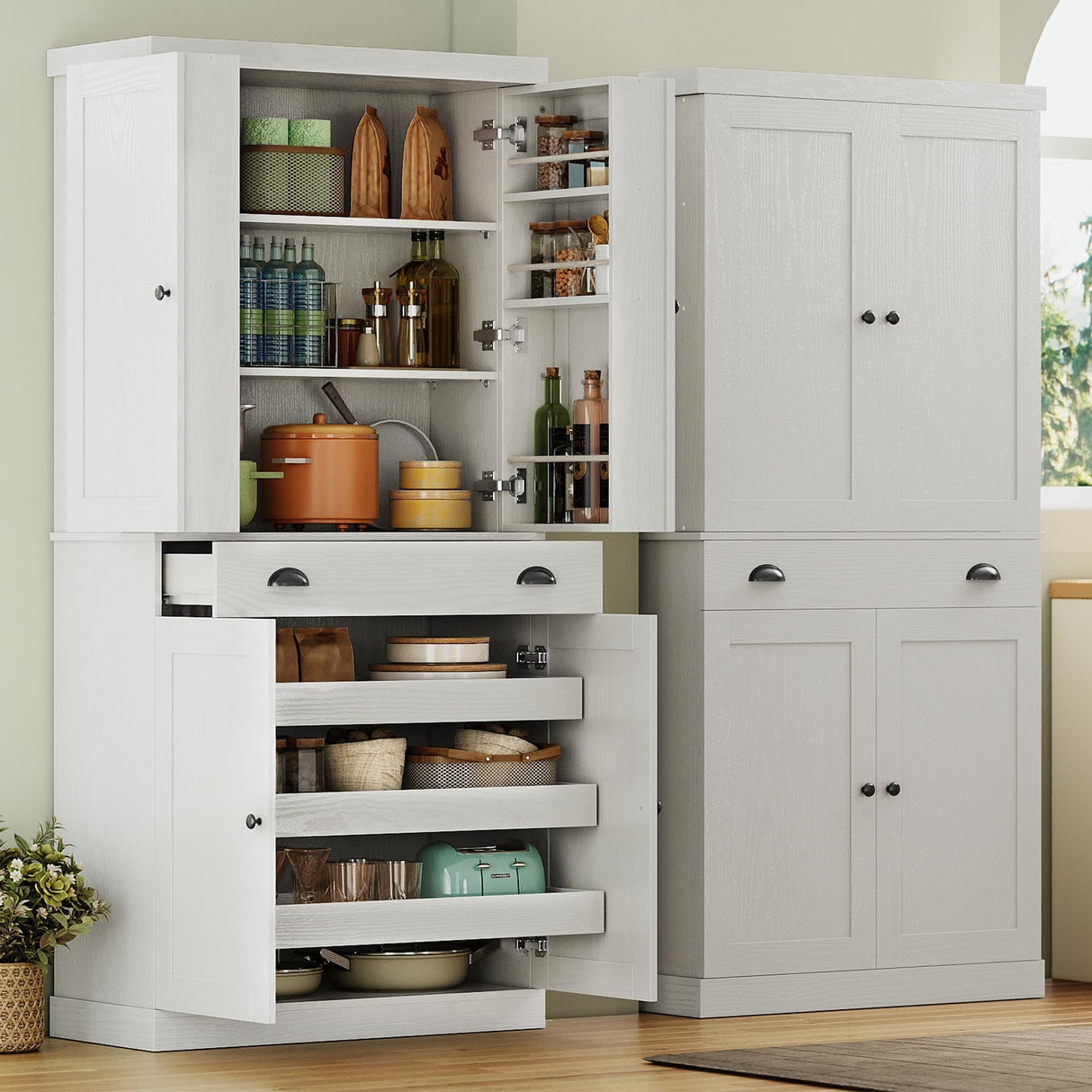 IRONCK Kitchen Pantry Cabinet 72" Height, Freestanding Cupboard with Drawer, Sliding Storage Rack, and 6 Hanging Shelves for Dining Room, Laundry, White IRONCK