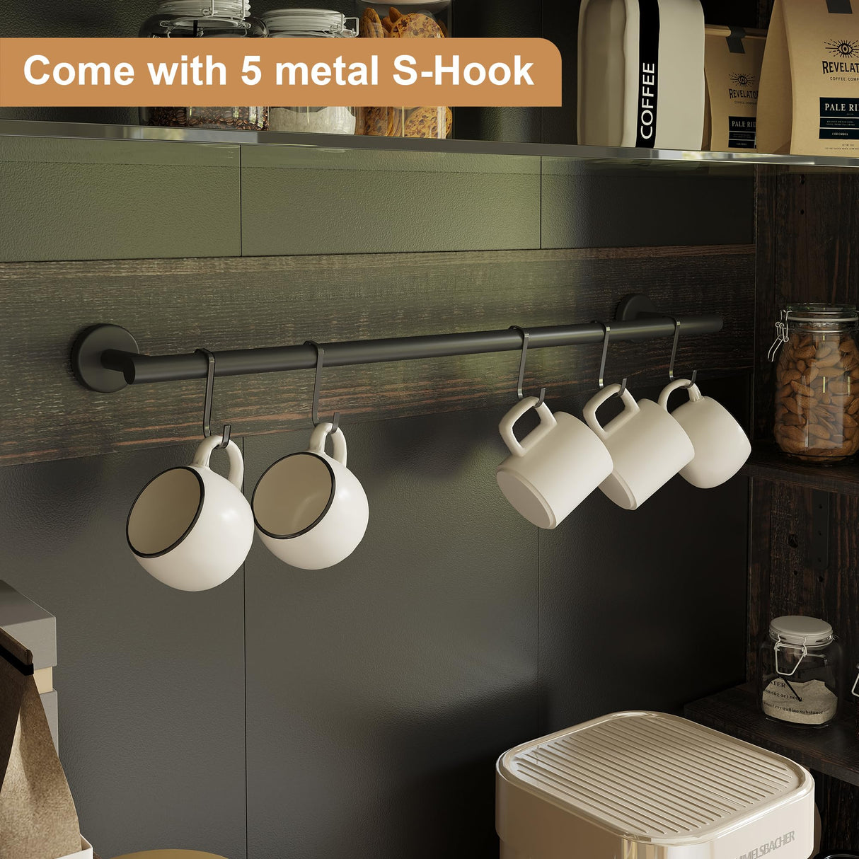 Garvee 72 in Pantry Cabinet, Farmhouse Coffee Bar Station with 3 Color LED Light and 5 S-Hook, Kitchen Hutch with Storage Rack, Rustic Cupboard for Living Room Dining Room Garvee