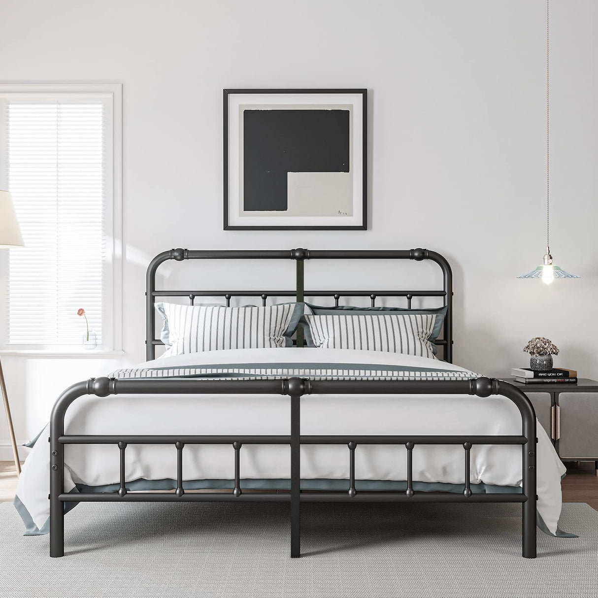 BOSRII King Size Bed Frame with Headboard and Footboard, 18 Inches High, 3500 Pounds Heavy Duty Metal Slats Support for Mattress, No Box Spring Needed,Noise-Free, Black BOSRII