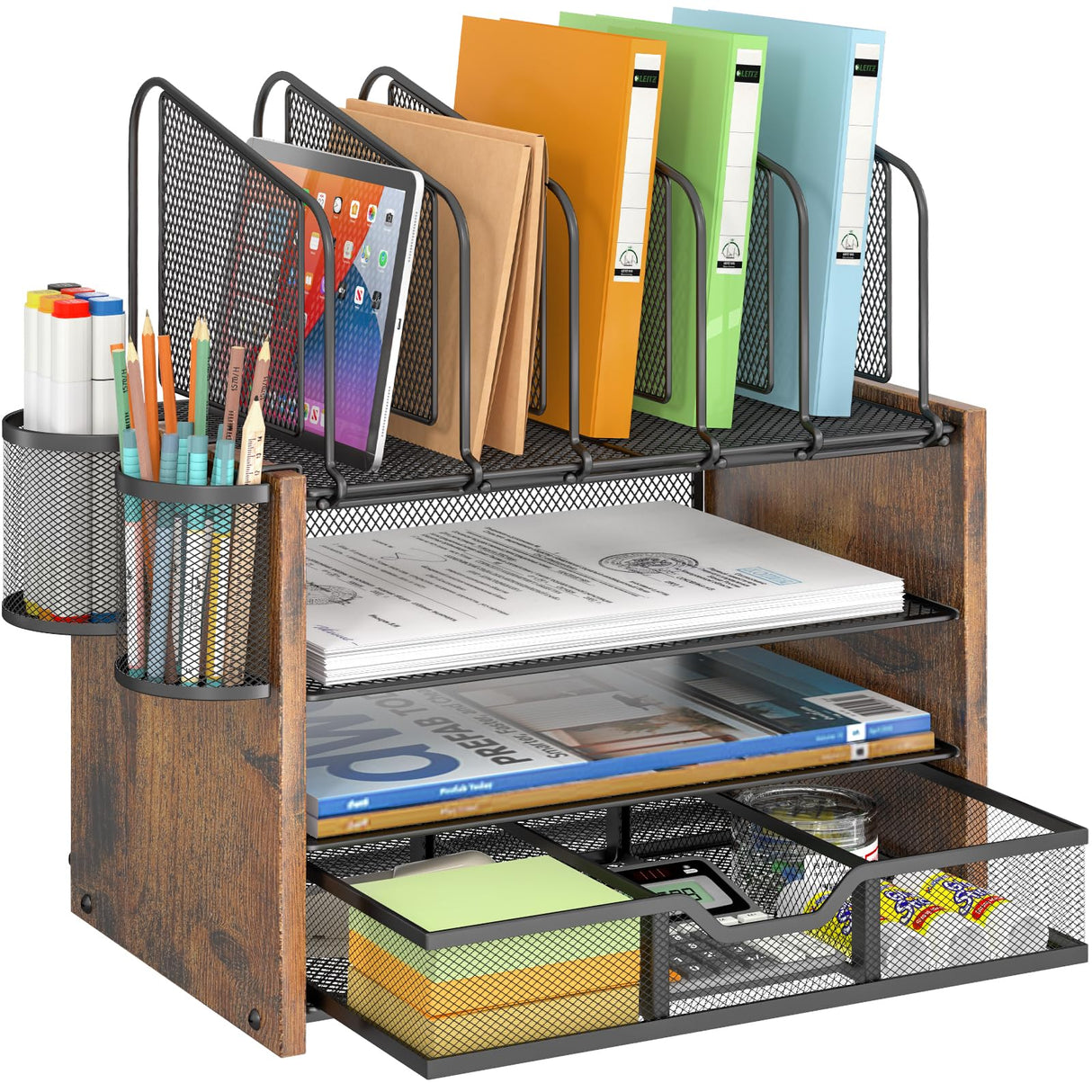 DAOUTIME 4-Tier Mesh Desk Organizer, Wooden Desk File Organizer with 5 Vertical File Holders and 2 Pen Holders, Desktop Organizer with Drawer, Desk Organizers and Accessories for Home Office DAOUTIME