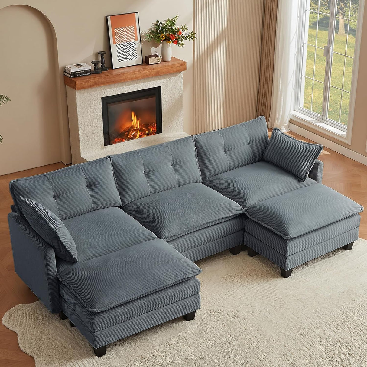 Amsleekey Modular Sectional Sofa, 111.5" U-Shaped Corduroy Comfy Sectional Couches for Living Room, 3-Seater Cloud Couches with 2 Movable Ottomans, Flexible Combination Modern Deep Seat Sofa (Grey) Amsleekey