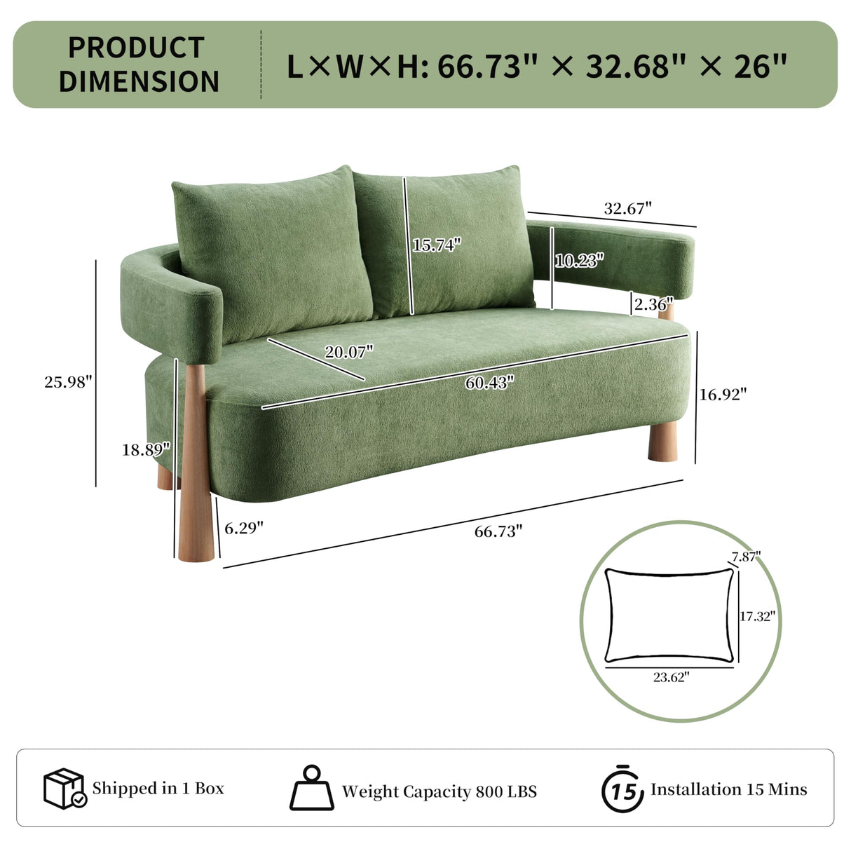 QNZK 67" L Loveseat Sofa, Mid Century Modern Sofa Couch with 2 Pillows, Comfy Chenille Couches, Upholstered Small Sofa for Living Room, Bedroom, Apartment & Office, Easy Assembly, Green QNZK