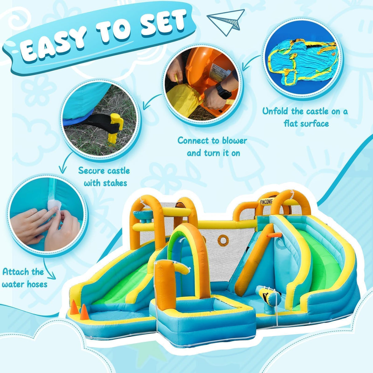 FINCOME Inflatable Water Slide, Bounce House with 2 Slide for Kids, Inflatable Waterslide Park with Splash Pool, Basketball Hoop, Ball Shooting & Water Cannon for Backyard, Outdoor, Indoor FINCOME